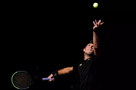 STARKVILLE, MS - April 15, 2022 - Mississippi State's Gregor Ramskogler during the match between the Vanderbilt Commodores and the Mississippi State Bulldogs at the AJ Pitts Tennis Centre in Starkville, MS. Photo By Kevin Snyder