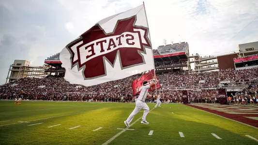 STARKVILLE, MS - September 03, 2022 - The Mississippi State Bulldogs Flag during the game between the Memphis Tigers and the Mississippi State Bulldogs at Davis Wade Stadium at Scott Field in Starkville, MS. Photo By Mike Mattina