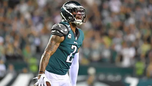 Sep 19, 2022; Philadelphia, Pennsylvania, USA; Philadelphia Eagles cornerback Darius Slay (2) celebrates his interception against the Minnesota Vikings at Lincoln Financial Field. Mandatory Credit: Eric Hartline-USA TODAY Sports