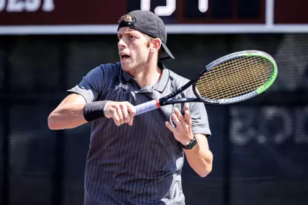 STARKVILLE, MS - April 15, 2022 - Mississippi State's Gregor Ramskogler during the match between the Vanderbilt Commodores and the Mississippi State Bulldogs at the AJ Pitts Tennis Centre in Starkville, MS. Photo By Kevin Snyder