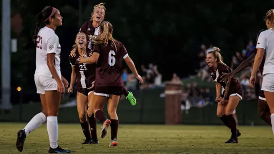 STARKVILLE, MS - September 16, 2022 - Mississippi State Forward Maggie Wadsworth (#21) reacts during the match between the Arkansas Razorbacks and the Mississippi State Bulldogs at the MSU Soccer Field in Starkville, MS. Photo By Mike Mattina
