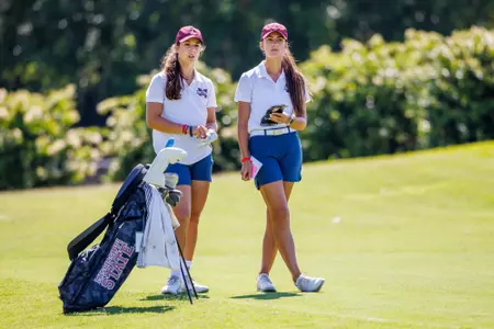 TALLAHASSEE, FL - May 10, 2022 - Mississippi State Assistant Coach Lauren Whyte and Julia Lopez Ramirez during the second round of the NCAA Regional Championships at Seminole Legacy Golf Club in Tallahassee, FL.Photo By Colin Hackley
