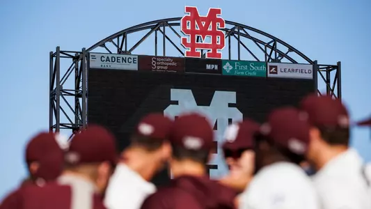 STARKVILLE, MS - April 19, 2022 - Mississippi State M over S logo atop the scoreboard before the game between the Jackson State Tigers and the Mississippi State Bulldogs at Dudy Noble Field at Polk-Dement Stadium in Starkville, MS. Photo By Kevin Snyder