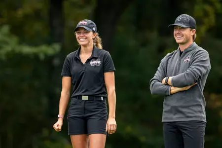 WEST POINT, MS - October 25, 2021 - Mississippi State's Hannah Levi and Head Coach Charlie Ewing during Round 1 of The Ally at Old Waverly Golf Club in West Point, MS. Photo By Austin Perryman