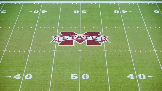 STARKVILLE, MS - September 02, 2022 - MState Midfield Logo during the painting of the end zones the Endzones at Davis Wade Stadium at Scott Field in Starkville, MS. Photo By Kevin Snyder