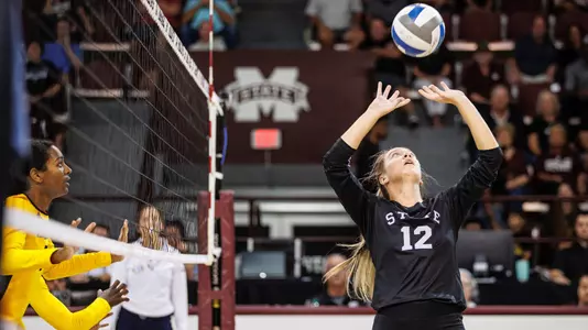 STARKVILLE, MS - September 08, 2022 - Mississippi State Setter Gabby Coulter (#12) during the match between the Kennesaw State Owls and the Mississippi State Bulldogs at the Newell-Grissom Building in Starkville, MS. Photo By Will Porada