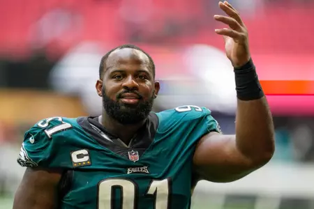 Sep 12, 2021; Atlanta, Georgia, USA; Philadelphia Eagles defensive tackle Fletcher Cox (91) reacts as he goes off the field after the Eagles defeated the Atlanta Falcons during the second half at Mercedes-Benz Stadium. Mandatory Credit: Dale Zanine-USA TODAY Sports