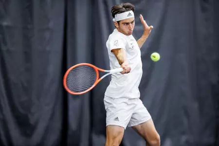 STARKVILLE, MS - April 17, 2022 - Mississippi State's Nemanja Malesevic during the match between the Kentucky Wildcats and the Mississippi State Bulldogs at the Rula Tennis Pavilion in Starkville, MS. Photo By Kevin Snyder