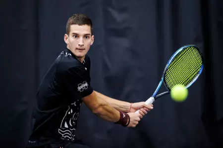 STARKVILLE, MS - January 14, 2023 - Mississippi State's Petar Jovanovic during the match between the ETSU Buccaneers and the Mississippi State Bulldogs at the Rula Tennis Pavilion in Starkville, MS. Photo By Kevin Snyder