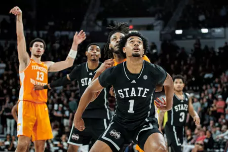 STARKVILLE, MS - January 17, 2023 - Mississippi State Forward Tolu Smith (#1) during the game between the Tennessee Volunteers and the Mississippi State Bulldogs at Humphrey Coliseum in Starkville, MS. Photo By Will Porada
