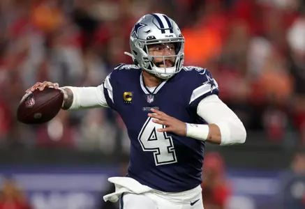 Jan 16, 2023; Tampa, Florida, USA; Dallas Cowboys quarterback Dak Prescott (4) drops back to pass against the Tampa Bay Buccaneers in the first half during the wild card game at Raymond James Stadium. Mandatory Credit: Nathan Ray Seebeck-USA TODAY Sports