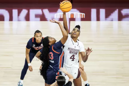 STARKVILLE, MS - January 19, 2023 - Mississippi State Forward/Center Jessika Carter (#4) during the game between the Auburn Tigers and the Mississippi State Bulldogs at Humphrey Coliseum in Starkville, MS. Photo By Ivy Ball