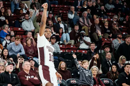 STARKVILLE, MS - January 21, 2023 - Mississippi State Guard Dashawn "Rams" Davis (#10) during the game between the Florida Gators and the Mississippi State Bulldogs at Humphrey Coliseum in Starkville, MS. Photo By Mike Mattina