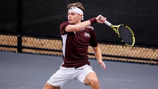STARKVILLE, MS - January 16, 2023 - Mississippi State's Ewen Lumsden during the match between the South Alabama Jaguars and the Mississippi State Bulldogs at the AJ Pitts Tennis Centre in Starkville, MS. Photo By Kevin Snyder