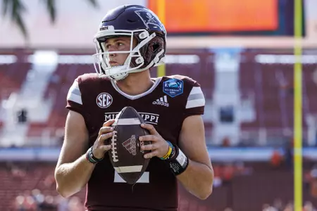 TAMPA, FL - January 02, 2023 - Mississippi State Quarterback Will Rogers (#2) before the ReliaQuest Bowl between the Mississippi State Bulldogs and the Illinois Fighting Illini at Raymond James Stadium in Tampa, FL. Photo By Kevin Snyder