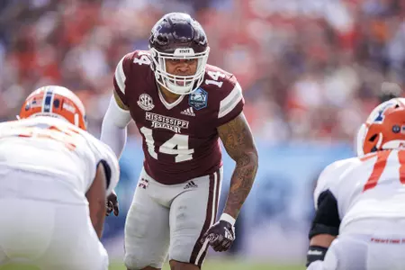 TAMPA, FL - January 02, 2023 - Mississippi State Linebacker Nathaniel "Bookie" Watson (#14) during the ReliaQuest Bowl between the Mississippi State Bulldogs and the Illinois Fighting Illini at Raymond James Stadium in Tampa, FL. Photo By Kevin Snyder