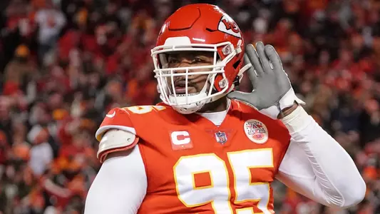 Jan 29, 2023; Kansas City, Missouri, USA; Kansas City Chiefs defensive tackle Chris Jones (95) celebrates after a sack against the Cincinnati Bengals during the first quarter of the AFC Championship game at GEHA Field at Arrowhead Stadium. Mandatory Credit: Denny Medley-USA TODAY Sports