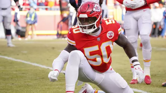 Jan 1, 2023; Kansas City, Missouri, USA; Kansas City Chiefs linebacker Willie Gay (50) celebrates after a tackle against the Denver Broncos during the second half at GEHA Field at Arrowhead Stadium. Mandatory Credit: Denny Medley-USA TODAY Sports