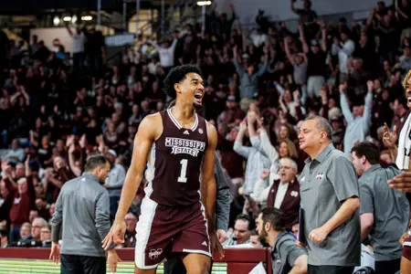 STARKVILLE, MS - January 07, 2023 - Mississippi State Forward Tolu Smith (#1) reacts during the game between the Ole Miss Rebels and the Mississippi State Bulldogs at Humphrey Coliseum in Starkville, MS. Photo By Mike Mattina