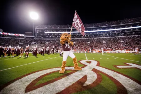 STARKVILLE, MS - September 30, 2023 - Mississippi State Costume Mascot Bully before the game between the Alabama Crimson Tide and the Mississippi State Bulldogs at Davis Wade Stadium at Scott Field in Starkville, MS. Photo By Jaden Powell
