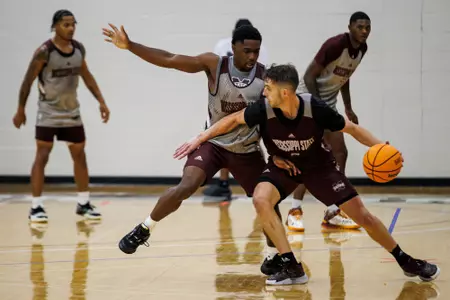 STARKVILLE, MS - September 30, 2023 - Mississippi State Guard Josh Hubbard (#13) and Mississippi State Guard Andrew Taylor (#23) during workouts at Mize Pavilion at Humphrey Coliseum at Mississippi State University in Starkville, MS. Photo By Ivy Rose Ball