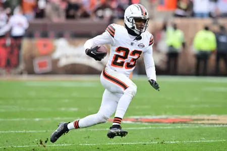 Oct 15, 2023; Cleveland, Ohio, USA; Cleveland Browns cornerback Martin Emerson Jr. (23) returns an interception during the second half against the San Francisco 49ers at Cleveland Browns Stadium. Mandatory Credit: Ken Blaze-USA TODAY Sports