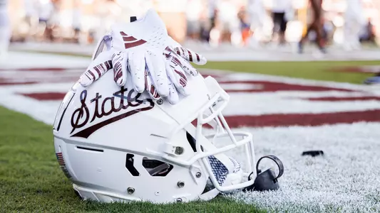 STARKVILLE, MS - September 09, 2023 - A Mississippi State Football Helmet before the game between the Arizona Wildcats and the Mississippi State Bulldogs at Davis Wade Stadium at Scott Field in Starkville, MS. Photo By Will Porada