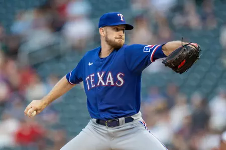 Aug 24, 2023; Minneapolis, Minnesota, USA; Texas Rangers relief pitcher Chris Stratton (35) delivers a pitch against the Minnesota Twins in the fifth inning at Target Field. Mandatory Credit: Jesse Johnson-USA TODAY Sports