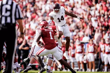 FAYETTEVILLE, AR - October 21, 2023 - Mississippi State Linebacker Nathaniel Watson (#14) during the game between the Arkansas Razorbacks and the Mississippi State Bulldogs at Donald W. Reynolds Razorback Stadium in Fayetteville, AR. Photo By Mike Mattina