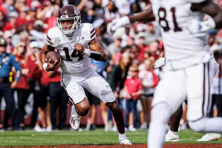 FAYETTEVILLE, AR - October 21, 2023 - Mississippi State Quarterback Mike Wright (#14) during the game between the Arkansas Razorbacks and the Mississippi State Bulldogs at Donald W. Reynolds Razorback Stadium in Fayetteville, AR. Photo By Jaden Powell