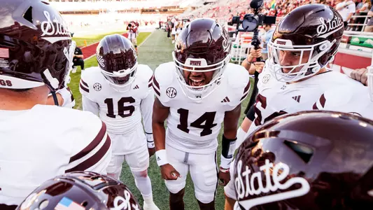 FAYETTEVILLE, AR - October 21, 2023 - Mississippi State Quarterback Mike Wright (#14) before the game between the Arkansas Razorbacks and the Mississippi State Bulldogs at Donald W. Reynolds Razorback Stadium in Fayetteville, AR. Photo By Mike Mattina