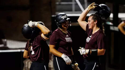 STARKVILLE, MS - October 13, 2023 - Mississippi State Catcher Jessie Blaine (#22), Mississippi State Infielder Nadia Barbary (#10) and Mississippi State Catcher/Infielder Riley Hull (#4) during the game between the Mississippi College Choctaws and the Mississippi State Bulldogs at Nusz Park in Starkville, MS. Photo By Mike Mattina