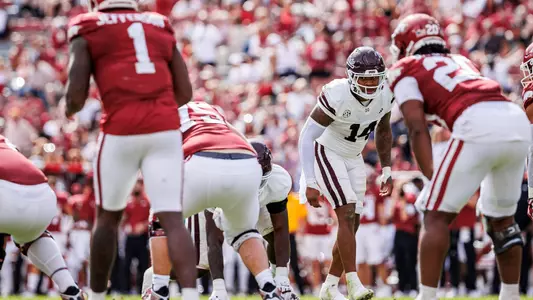 FAYETTEVILLE, AR - October 21, 2023 - Mississippi State Linebacker Nathaniel Watson (#14) during the game between the Arkansas Razorbacks and the Mississippi State Bulldogs at Donald W. Reynolds Razorback Stadium in Fayetteville, AR. Photo By Jaden Powell