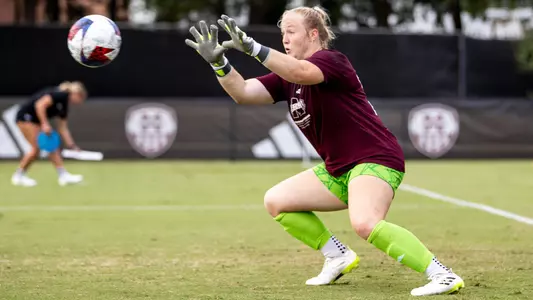 STARKVILLE, MS - August 31, 2023 - Mississippi State Goal Keeper Katelyn Carroll (#0) during the match between the Iowa Hawkeyes and the Mississippi State Bulldogs at the MSU Soccer Field in Starkville, MS. Photo By Mike Mattina