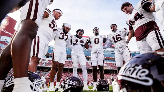 FAYETTEVILLE, AR - October 21, 2023 - Mississippi State Linebacker Khalid Moore (#52), Mississippi State Linebacker John Lewis (#37), Mississippi State Linebacker Nic Mitchell (#40) Mississippi State Linebacker DeShawn Page (#0), Mississippi State Linebacker Zakari Tillman (#16), Mississippi State Linebacker Jett Johnson (#44) before the game between the Arkansas Razorbacks and the Mississippi State Bulldogs at Donald W. Reynolds Razorback Stadium in Fayetteville, AR. Photo By Mike Mattina