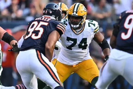 Sep 10, 2023; Chicago, Illinois, USA; Green Bay Packers guard Elgton Jenkins (74) blocks against the Chicago Bears at Soldier Field. Mandatory Credit: Jamie Sabau-USA TODAY Sports