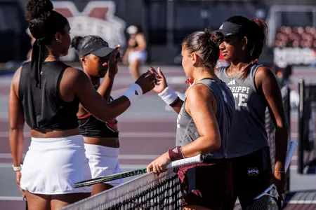 STARKVILLE, MS - October 29, 2023 - Mississippi State's Dharani Niroshan and Mississippi State's Alessia Tagliente during the John Cade Tennis Invitational at the AJ Pitts Tennis Centre in Starkville, MS. Photo By Will Porada