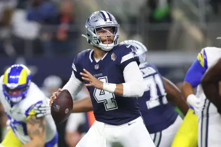 Oct 29, 2023; Arlington, Texas, USA; Dallas Cowboys quarterback Dak Prescott (4) throws a pass in the first quarter against the Los Angeles Rams at AT&T Stadium. Mandatory Credit: Tim Heitman-USA TODAY Sports