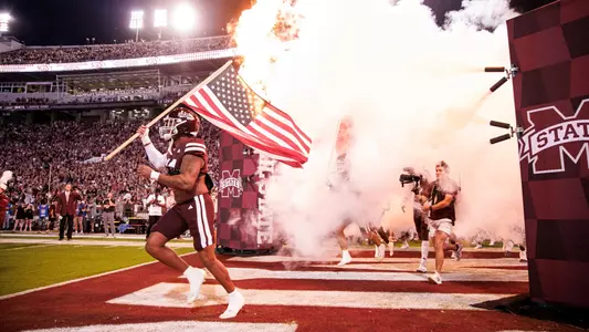 STARKVILLE, MS - September 30, 2023 - Mississippi State Linebacker Nathaniel Watson (#14) before the game between the Alabama Crimson Tide and the Mississippi State Bulldogs at Davis Wade Stadium at Scott Field in Starkville, MS. Photo By Will Porada
