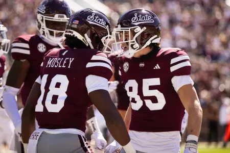 STARKVILLE, MS - October 07, 2023 - Mississippi State Wide Receiver Jordan Mosley (#18) and Wide Receiver Creed Whittemore (#85) during the game between the Western Michigan Broncos and the Mississippi State Bulldogs at Davis Wade Stadium at Scott Field in Starkville, MS. Photo By Bailey Black