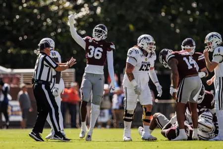 STARKVILLE, MS - October 07, 2023 - Mississippi State Defensive Lineman Donterry Russell (#36) during the game between the Western Michigan Broncos and the Mississippi State Bulldogs at Davis Wade Stadium at Scott Field in Starkville, MS. Photo By Bailey Black