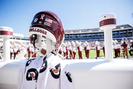 STARKVILLE, MS - October 07, 2023 - The Mississippi State Bulldogs Helmet during the game between the Western Michigan Broncos and the Mississippi State Bulldogs at Davis Wade Stadium at Scott Field in Starkville, MS. Photo By Jaden Powell