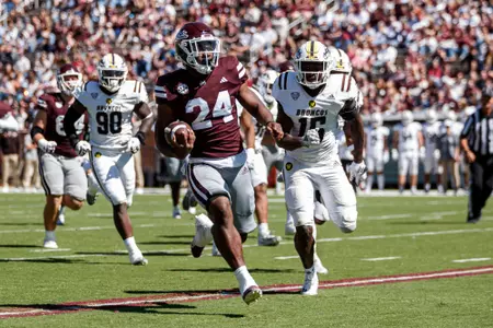 STARKVILLE, MS - October 07, 2023 - Mississippi State Running Back Keyvone Lee (#24) during the game between the Western Michigan Broncos and the Mississippi State Bulldogs at Davis Wade Stadium at Scott Field in Starkville, MS. Photo By Will Porada