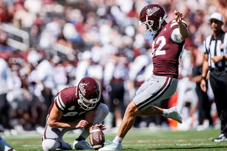 STARKVILLE, MS - October 07, 2023 - Mississippi State Kicker Nick Barr-Mira (#82) and Mississippi State Punter Andrew Osteen (#81) during the game between the Western Michigan Broncos and the Mississippi State Bulldogs at Davis Wade Stadium at Scott Field in Starkville, MS. Photo By Jaden Powell
