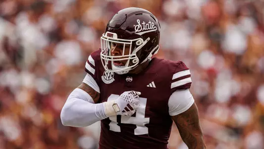STARKVILLE, MS - September 02, 2023 - Mississippi State Linebacker Nathaniel Watson (#14) celebrates during the game between the Southeastern Louisiana Lions and the Mississippi State Bulldogs at Davis Wade Stadium at Scott Field in Starkville, MS. Photo By Bailey Black