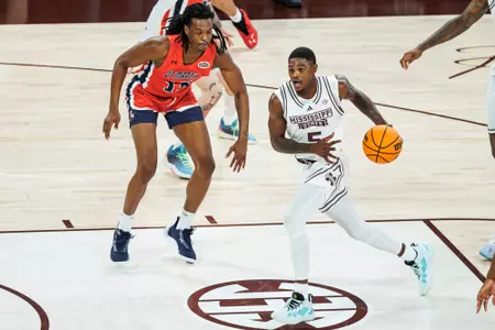 STARKVILLE, MS - November 11, 2023 - Mississippi State Guard Shawn Jones Jr. (#5) during the game between the UT Martin Skyhawks and the Mississippi State Bulldogs at Humphrey Coliseum in Starkville, MS. Photo By Ivy Rose Ball