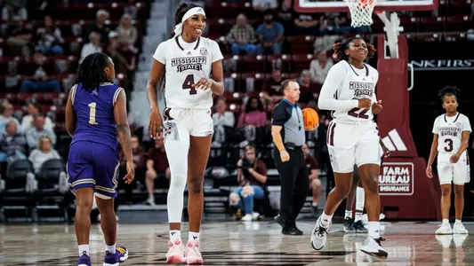 STARKVILLE, MS - November 06, 2023 - Mississippi State Forward/Center Jessika Carter (#4) during the game between the Alcorn State Braves and the Mississippi State Bulldogs at Humphrey Coliseum in Starkville, MS. Photo By Jaden Powell