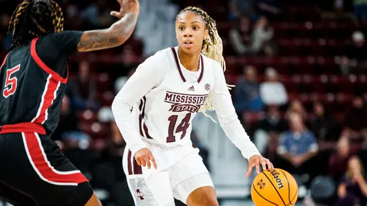 STARKVILLE, MS - November 12, 2023 - Mississippi State Guard Mjracle Sheppard (#14) during the game between the Jacksonville State Gamecocks and the Mississippi State Bulldogs at Humphrey Coliseum in Starkville, MS. Photo By Ivy Rose Ball