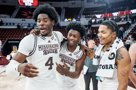 STARKVILLE, MS - November 14, 2023 - Mississippi State Guard/Forward Cameron Matthews (#4), Mississippi State Guard Trey Fort (#11) and Mississippi State Guard Shakeel Moore (#3) during the game between the North Alabama Lions and the Mississippi State Bulldogs at Humphrey Coliseum in Starkville, MS. Photo By Mike Mattina