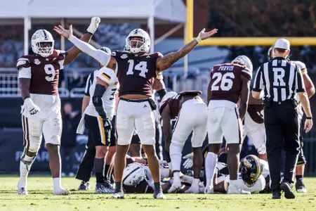STARKVILLE, MS - November 18, 2023 - Mississippi State Linebacker Nathaniel Watson (#14) during the game between the Southern Mississippi Golden Eagles and the Mississippi State Bulldogs at Davis Wade Stadium at Scott Field in Starkville, MS. Photo By Ivy Rose Ball